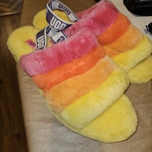UGG Fluff Yeah Pride Rainbow Fur Sheep Slides Slipper Sandal Women’s Sz 14 NEW.